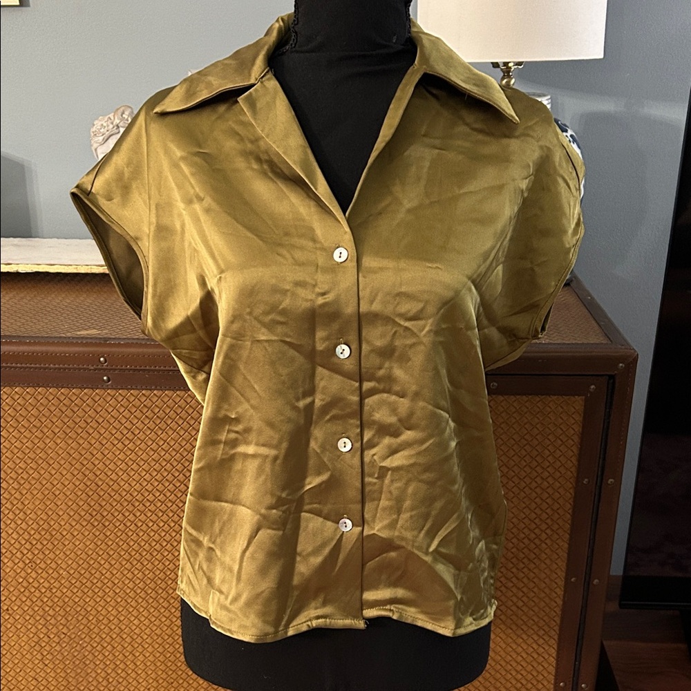 Satin Olive Button-Down Blouse